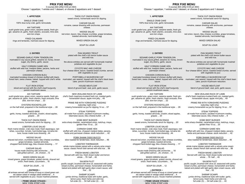 Coyote Steakhouse Menu
