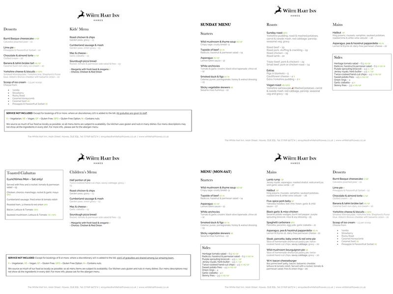 The White Hart Inn Beer Garden Menu