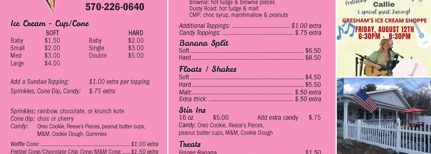 Gresham's Ice Cream Shoppe Menu