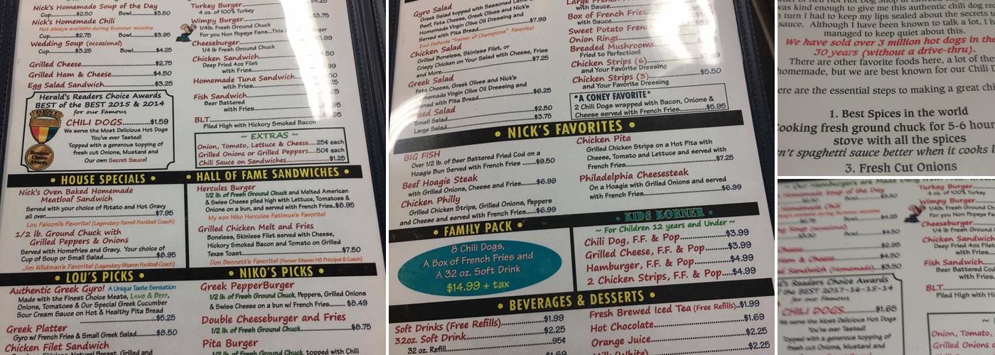 Coney Island Niko Lou's Menu