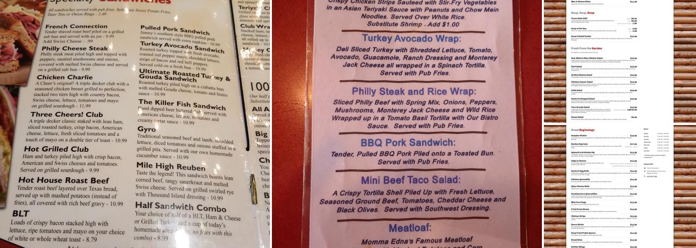 Cheer's Good Time Saloon Menu