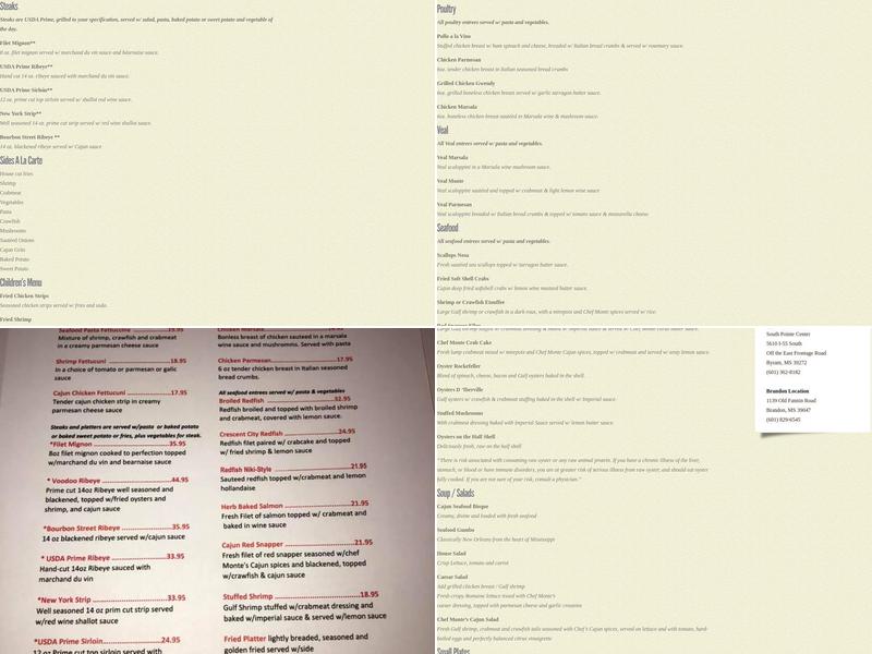 Monte's Steak & Seafood Menu