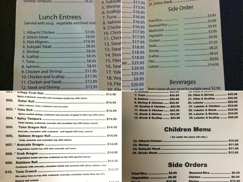 Yoko Japanese Steak House Menu