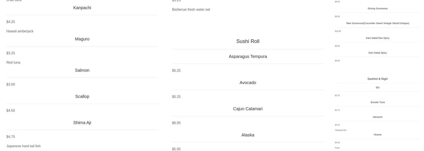 Kasai Japanese Restaurant Menu