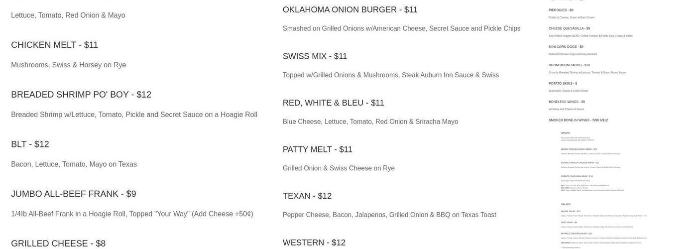 Auburn Inn Menu
