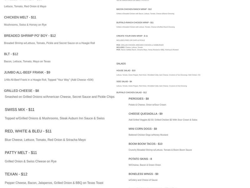 Auburn Inn Menu