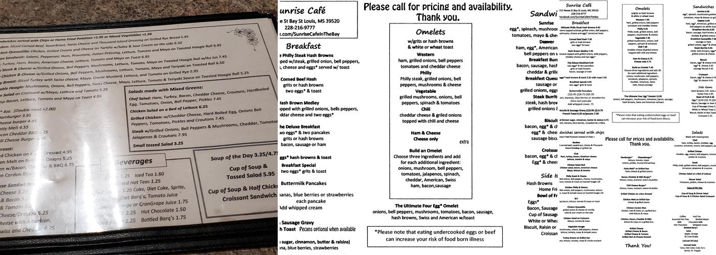 Sunrise Cafe Menu