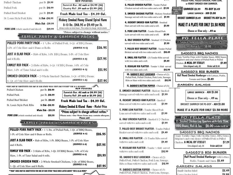 DADDIO'S Down Home BBQ Menu