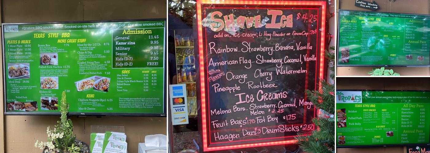 Tropics Mini Golf Menu