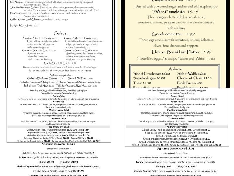 7 West Bistro Grille Menu