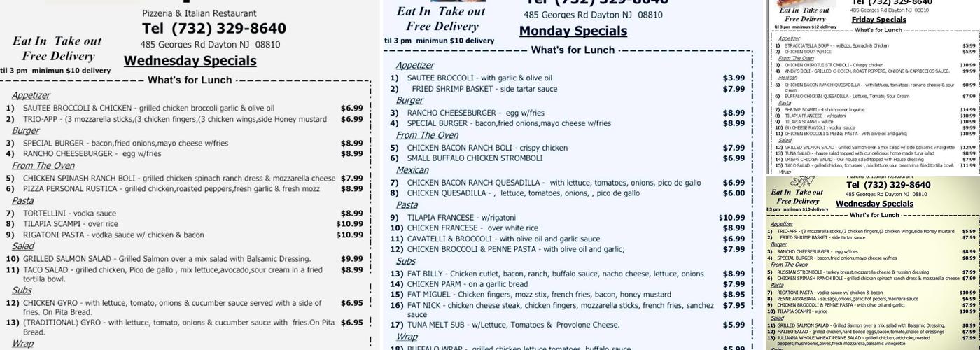 Capriccios Pizza & Restaurant Dayton Menu