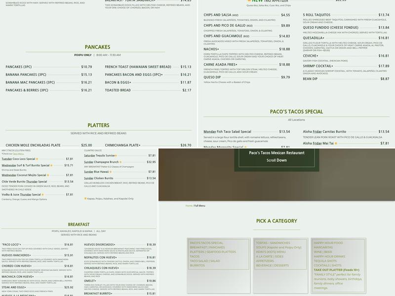 Paco’s Tacos Cantina Poipu Kiahuna Golf Course Menu
