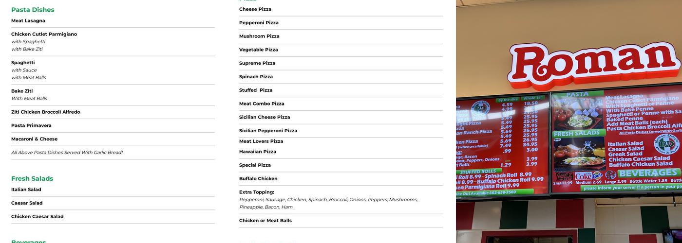 Roman Delight Pizza Menu