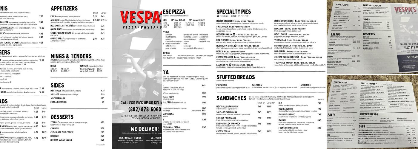 Vespas Pizza Pasta & Deli Menu