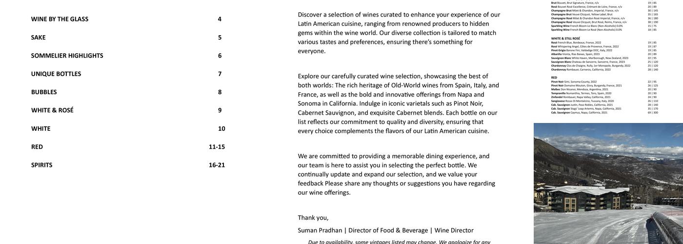 TORO Snowmass Menu