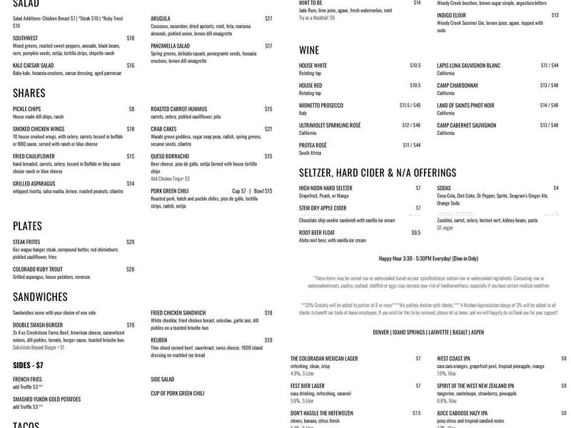 Westbound & Down Basalt Menu