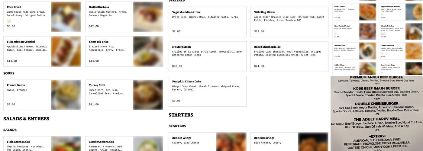 Panther Pub Menu