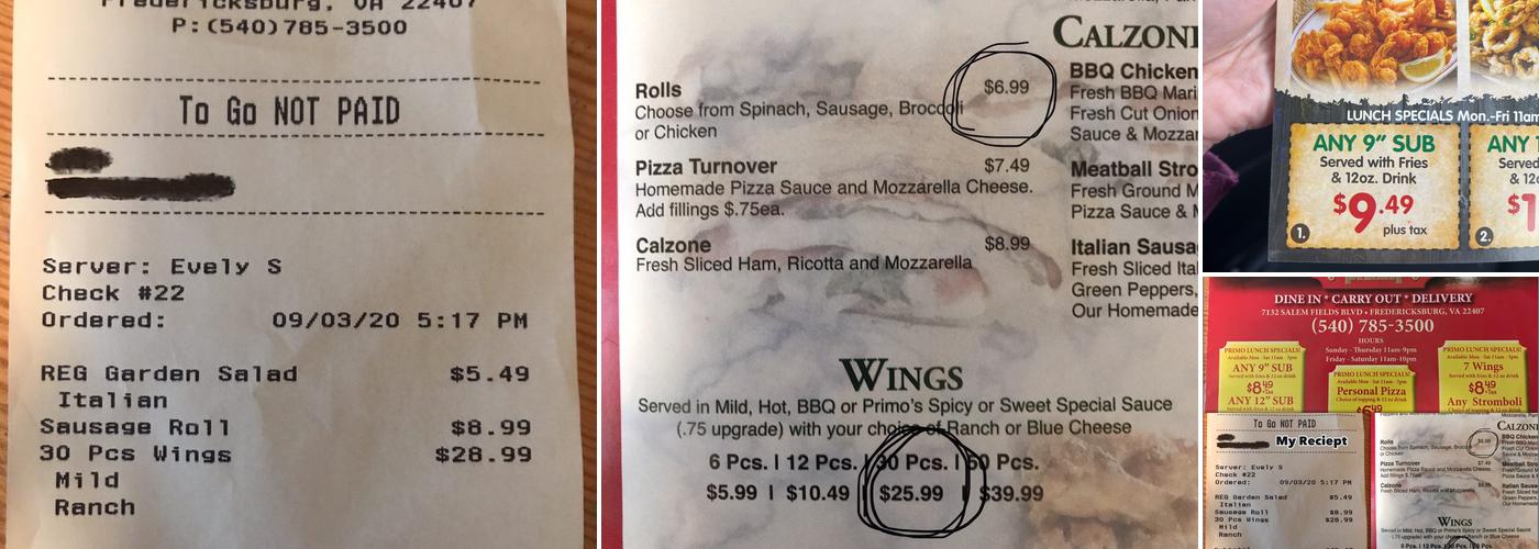 Primo Pizza Menu