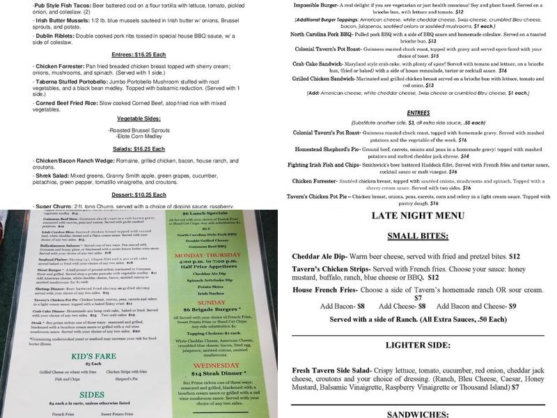 Colonial Tavern, Home to the Irish Brigade Menu