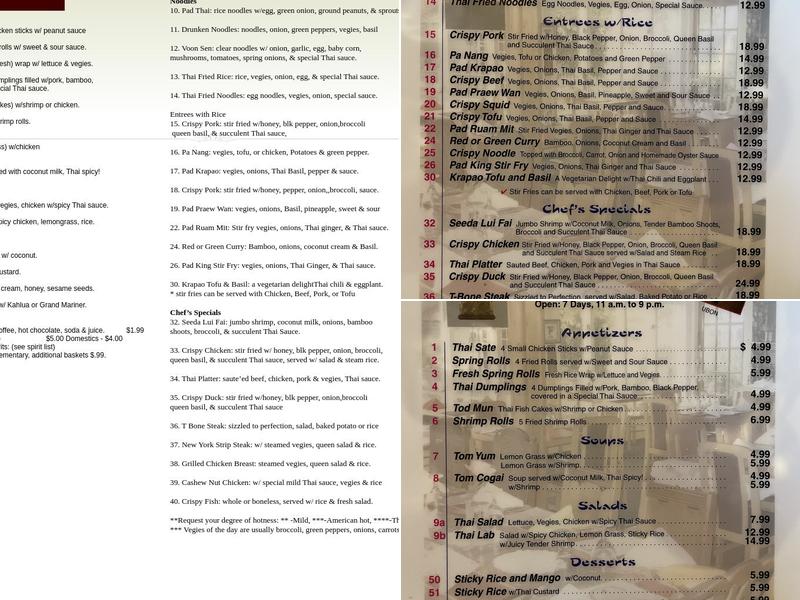 Ubon Thai Restaurant Inn Menu