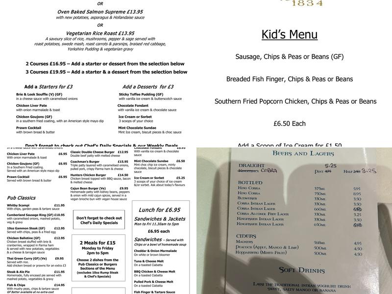 The Coach and Horses Menu