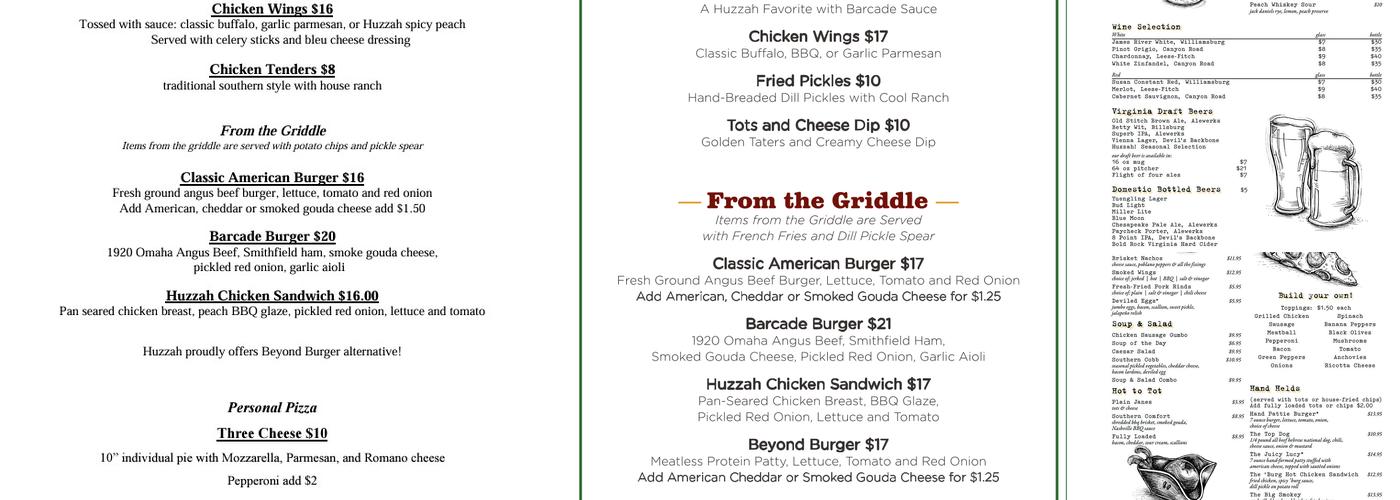 Huzzah's Eatery Menu