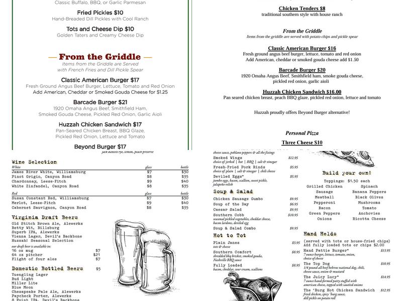 Huzzah's Eatery Menu