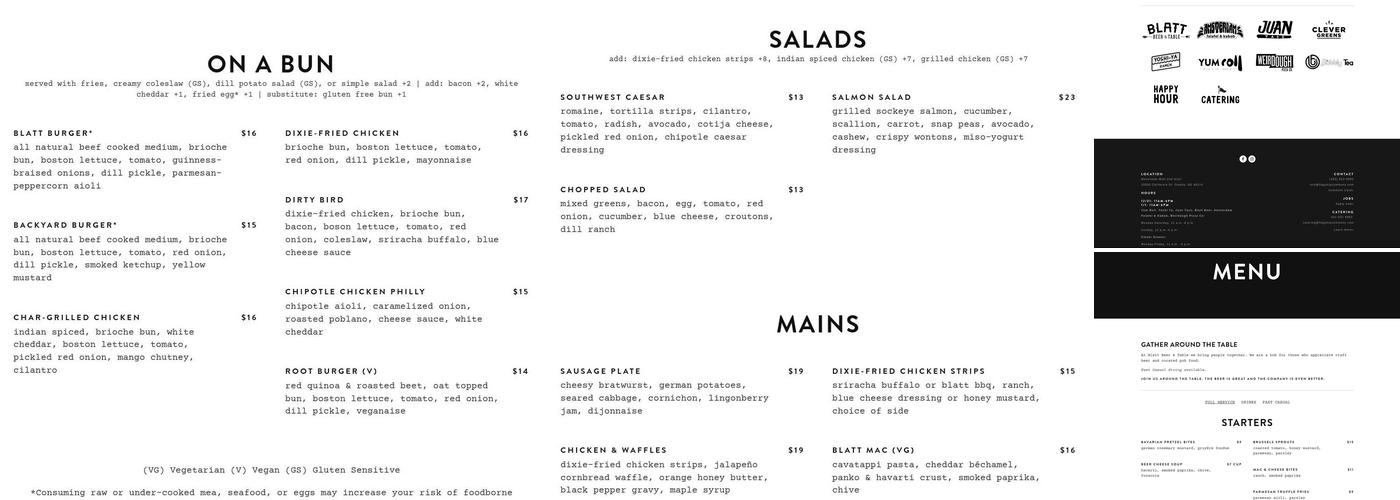 Blatt Beer & Table Menu