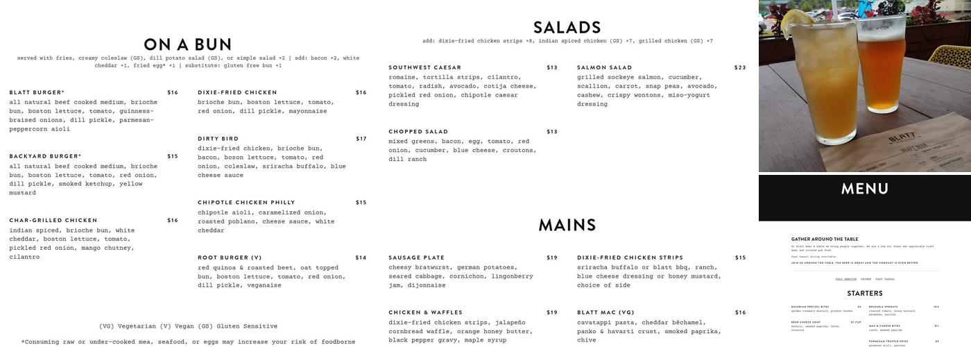 Blatt Beer & Table Menu