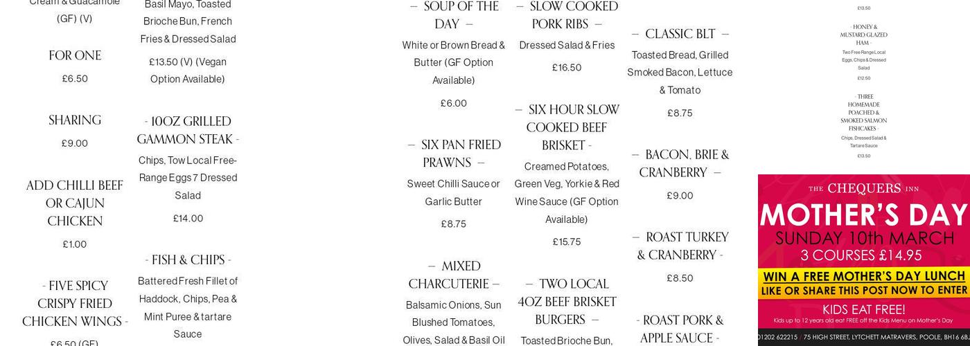 Chequers Inn Lytchett Matravers Menu
