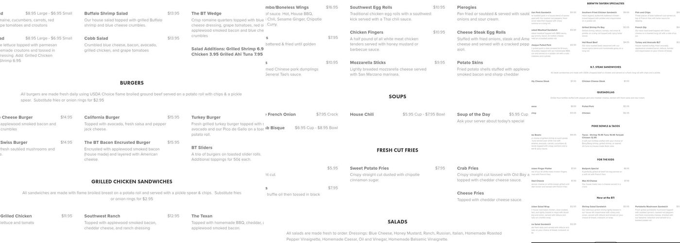 Berwyn Tavern Menu