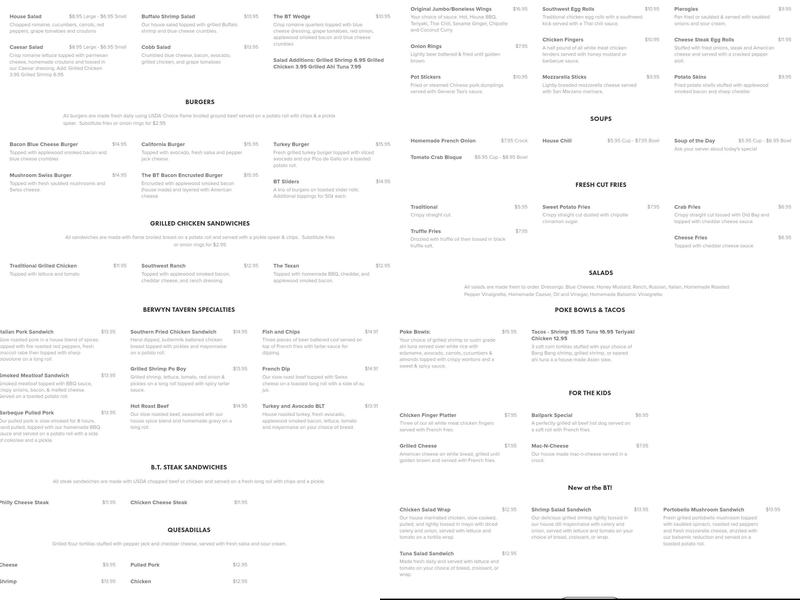Berwyn Tavern Menu
