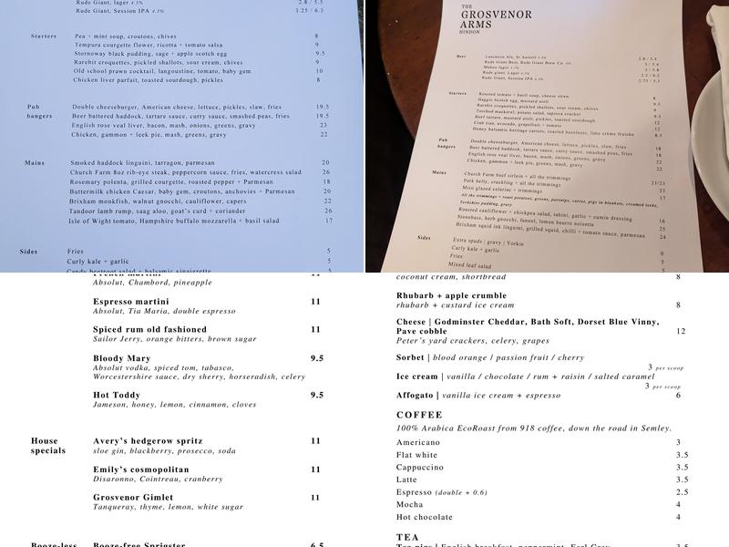 The Grosvenor Arms Menu