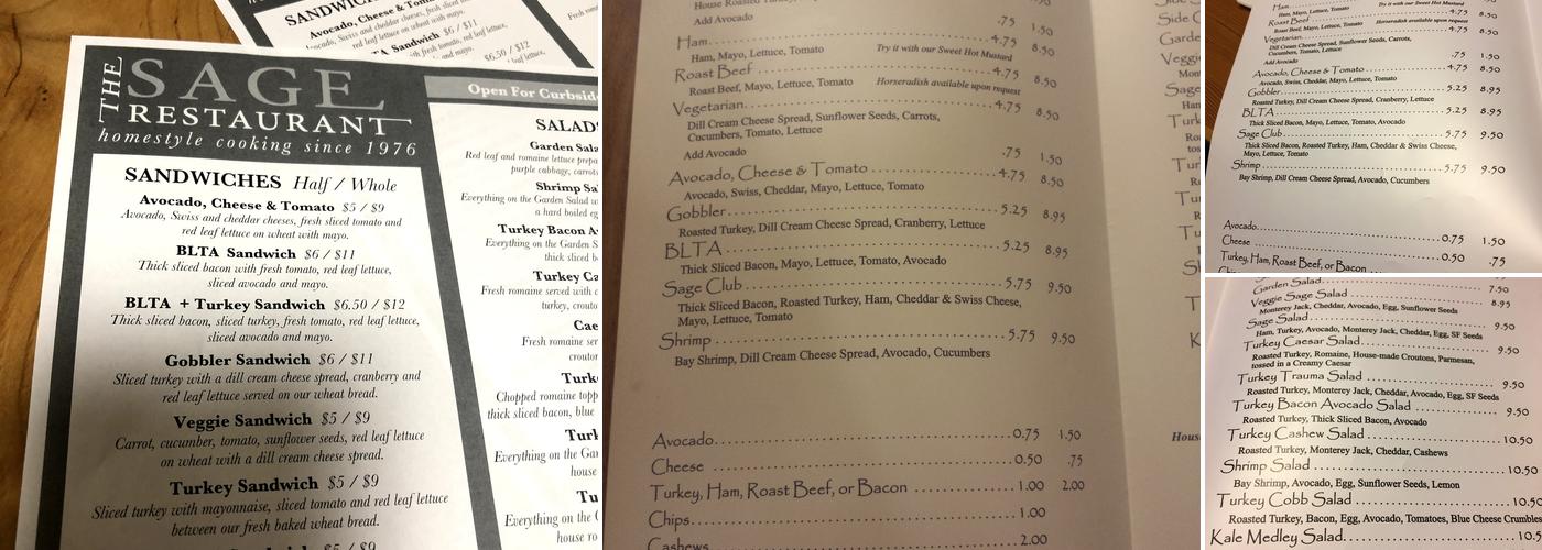Sage Restaurant Menu