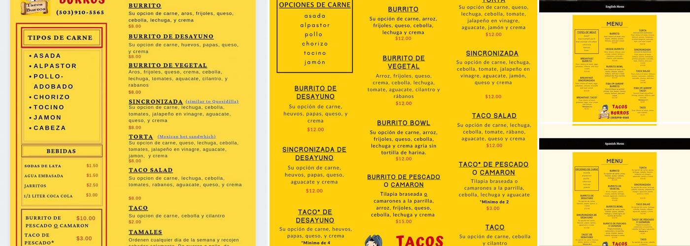 Tacos Burros Menu