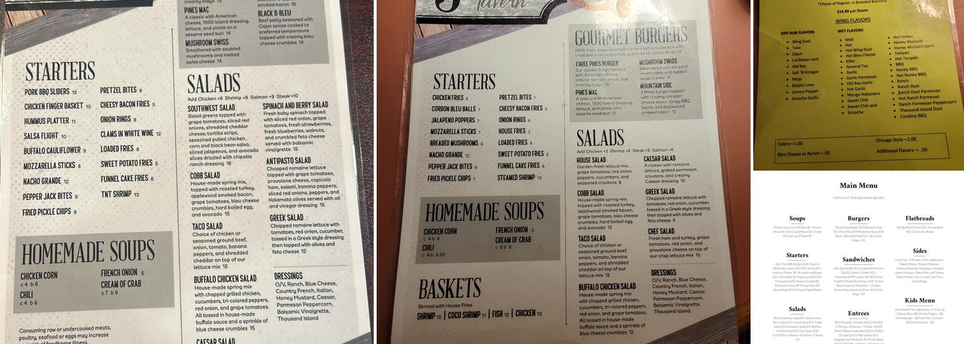 Three Pines Tavern Menu