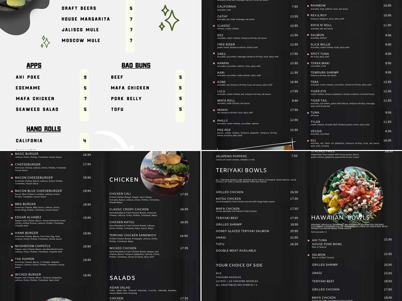 Wicked Sushi, Burgers, Bowls Menu