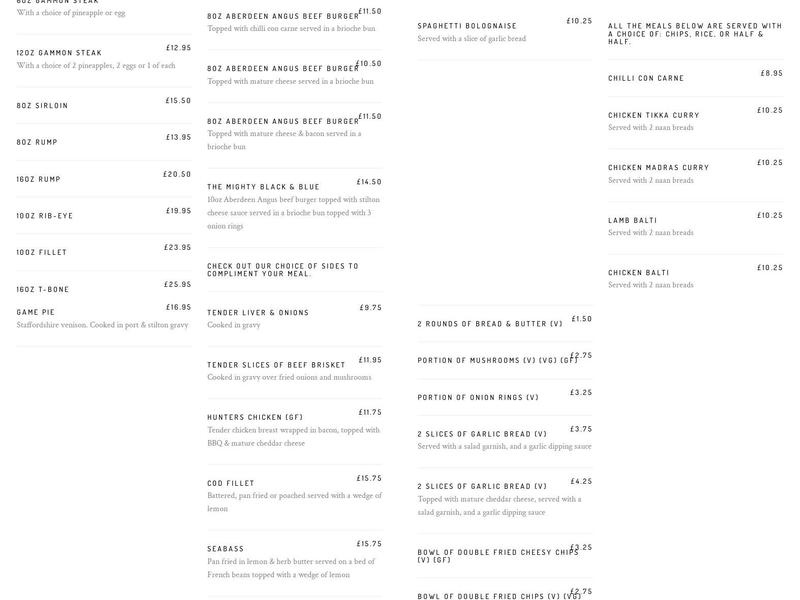 Dog & Partridge Menu