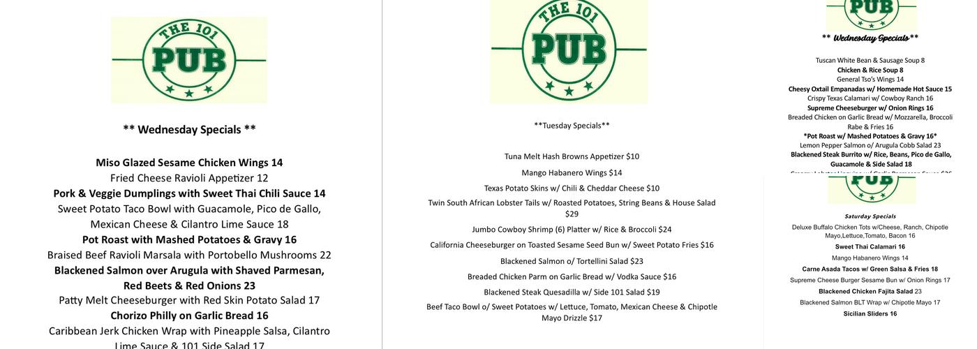 101 Pub Menu