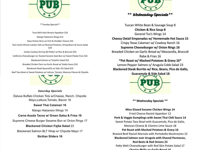 101 Pub Menu