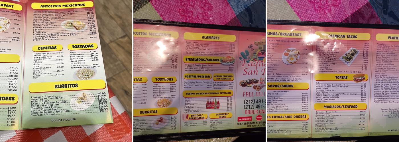Taqueria San Pedro Menu