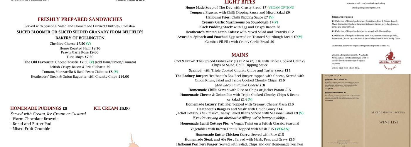Ye Olde Admiral Rodney Menu