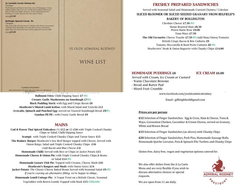 Ye Olde Admiral Rodney Menu