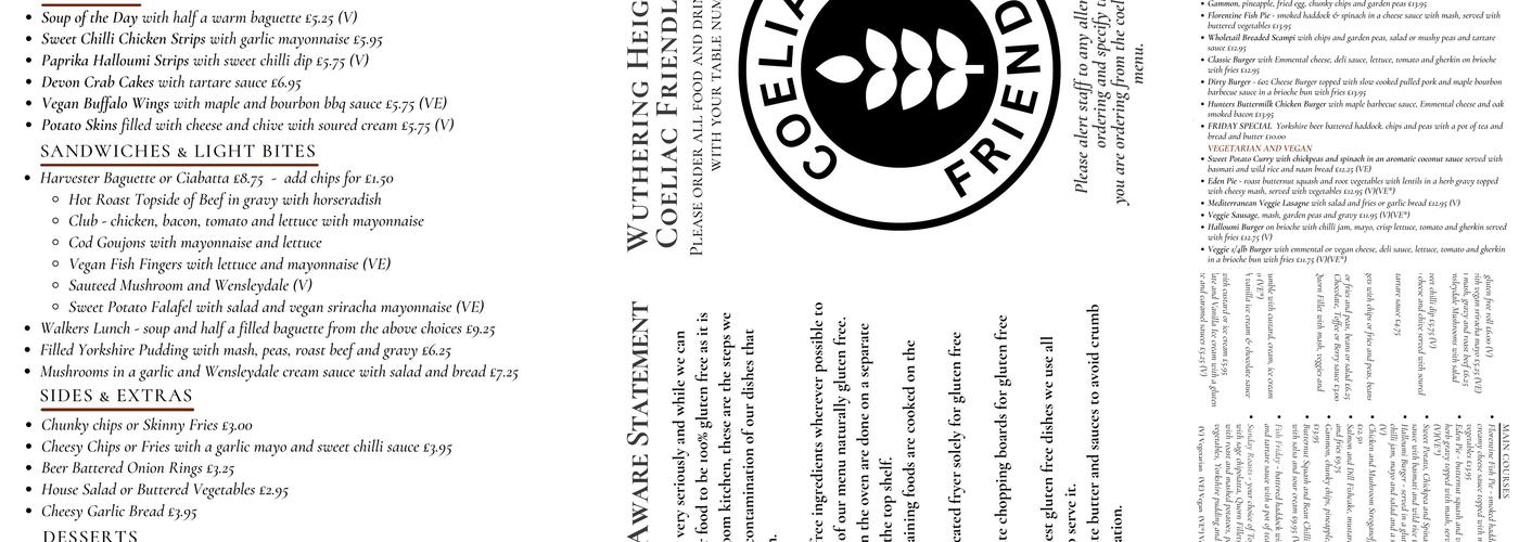 Wuthering Heights Inn - Village Pub & Campsite Menu