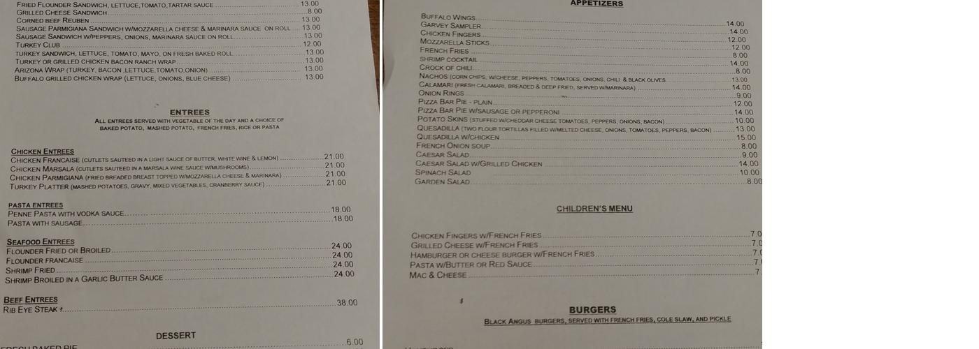 Garvey's Family Restaurant and Pub Menu