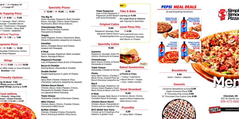 Simple Simon's Pizza Menu