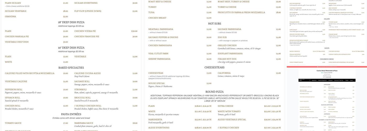 Cucina Alessi Italian Menu