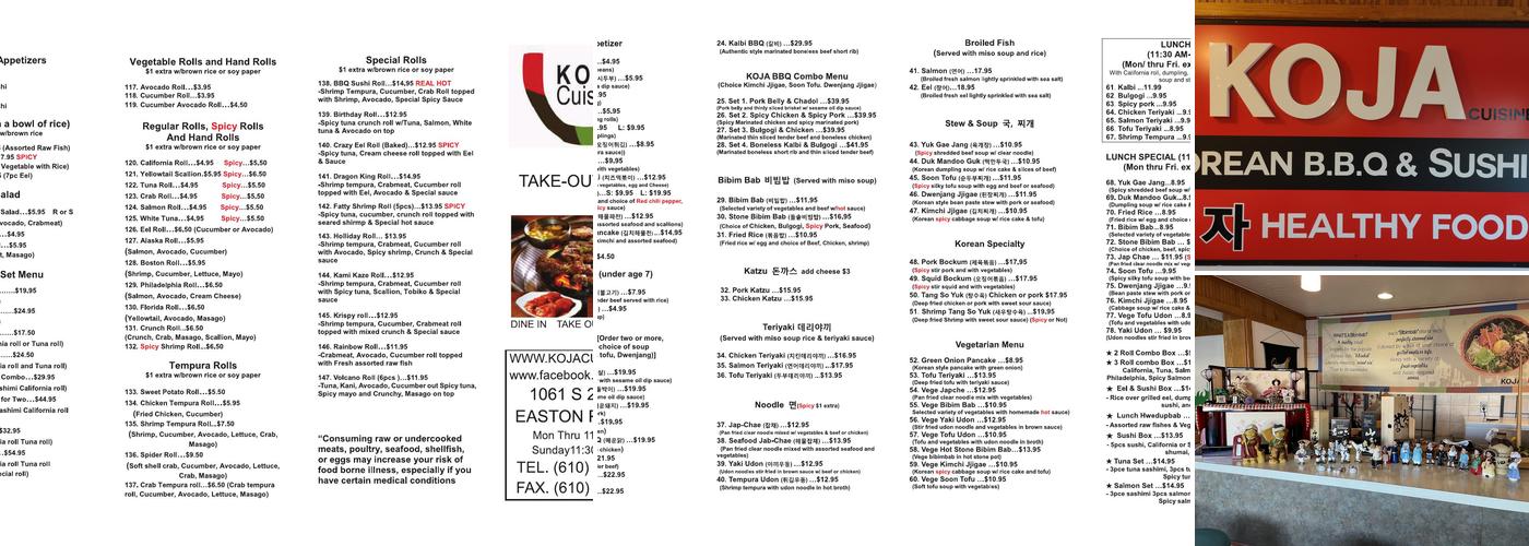 Koja Cuisine Korean BBQ and Sushi Menu