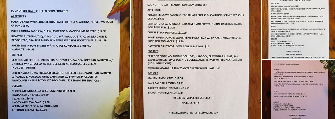 Warrenside Tavern Menu