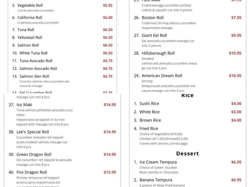 Lee's Sushi Menu